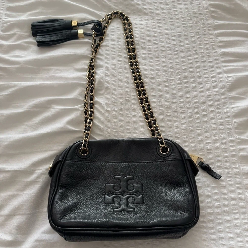 Tory Burch Thea Black Leather Crossbody Bag with Chain Strap and tassel